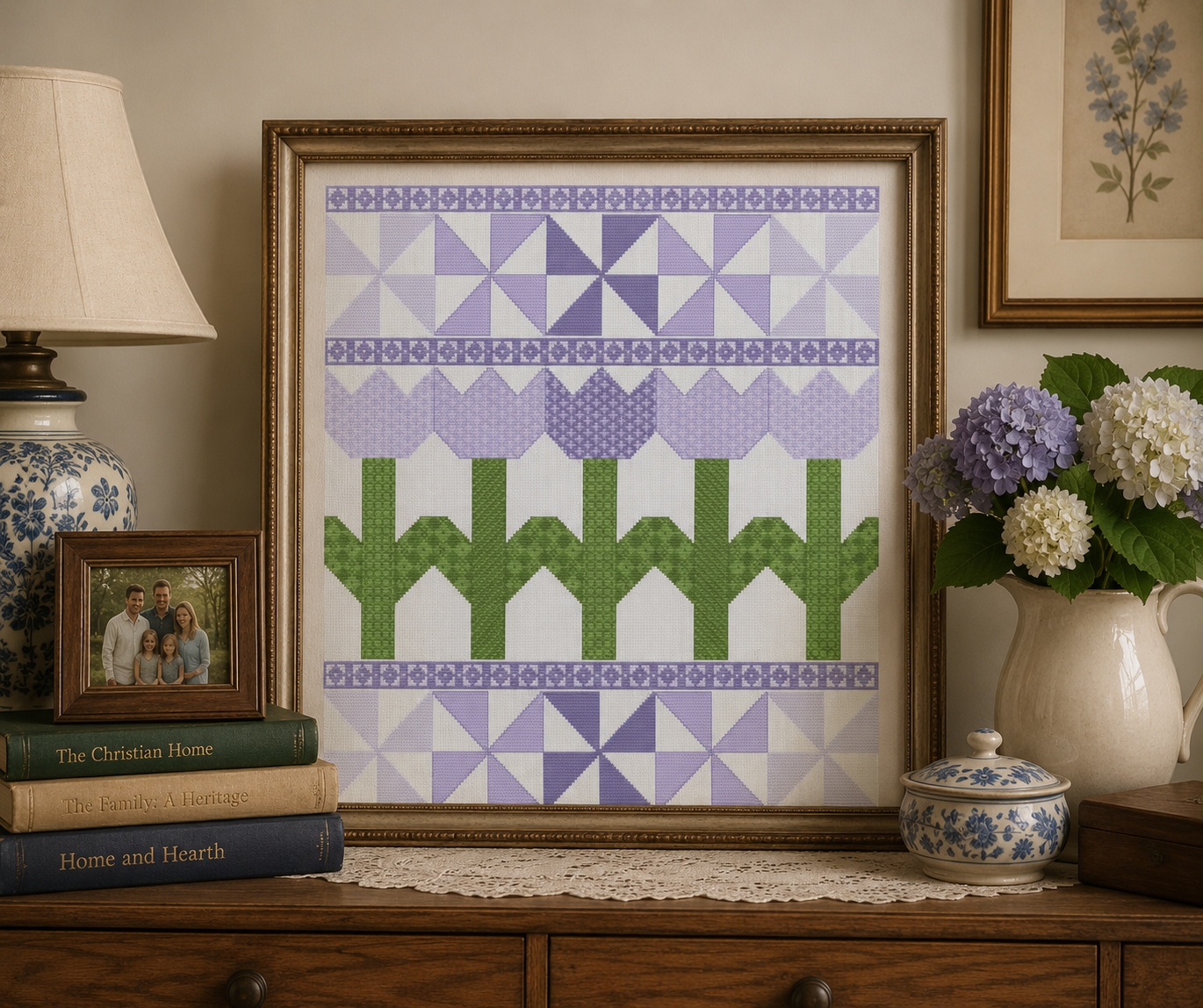 Fresh Tulip Quilt Purple Cross Stitch Pattern
