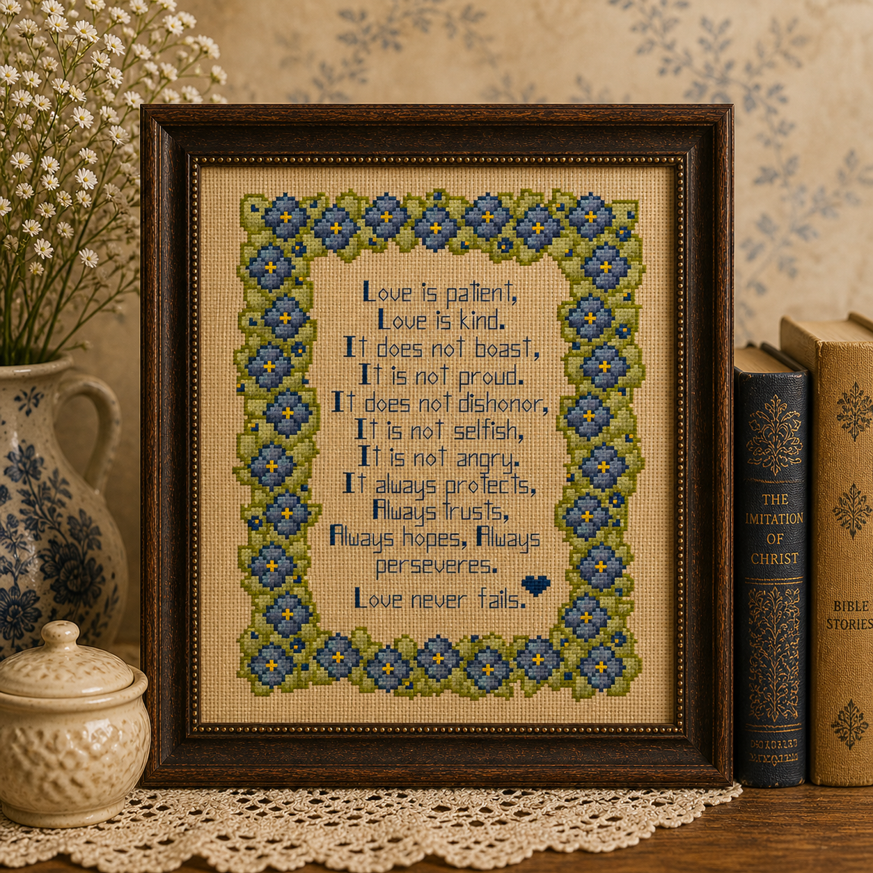 Patient Love Cross Stitch Pattern - Blue