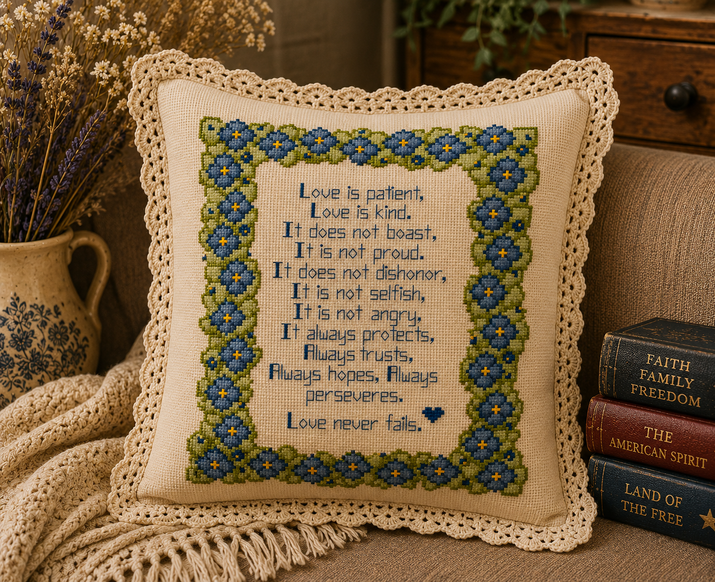 Patient Love Cross Stitch Pattern - Blue - Image 2