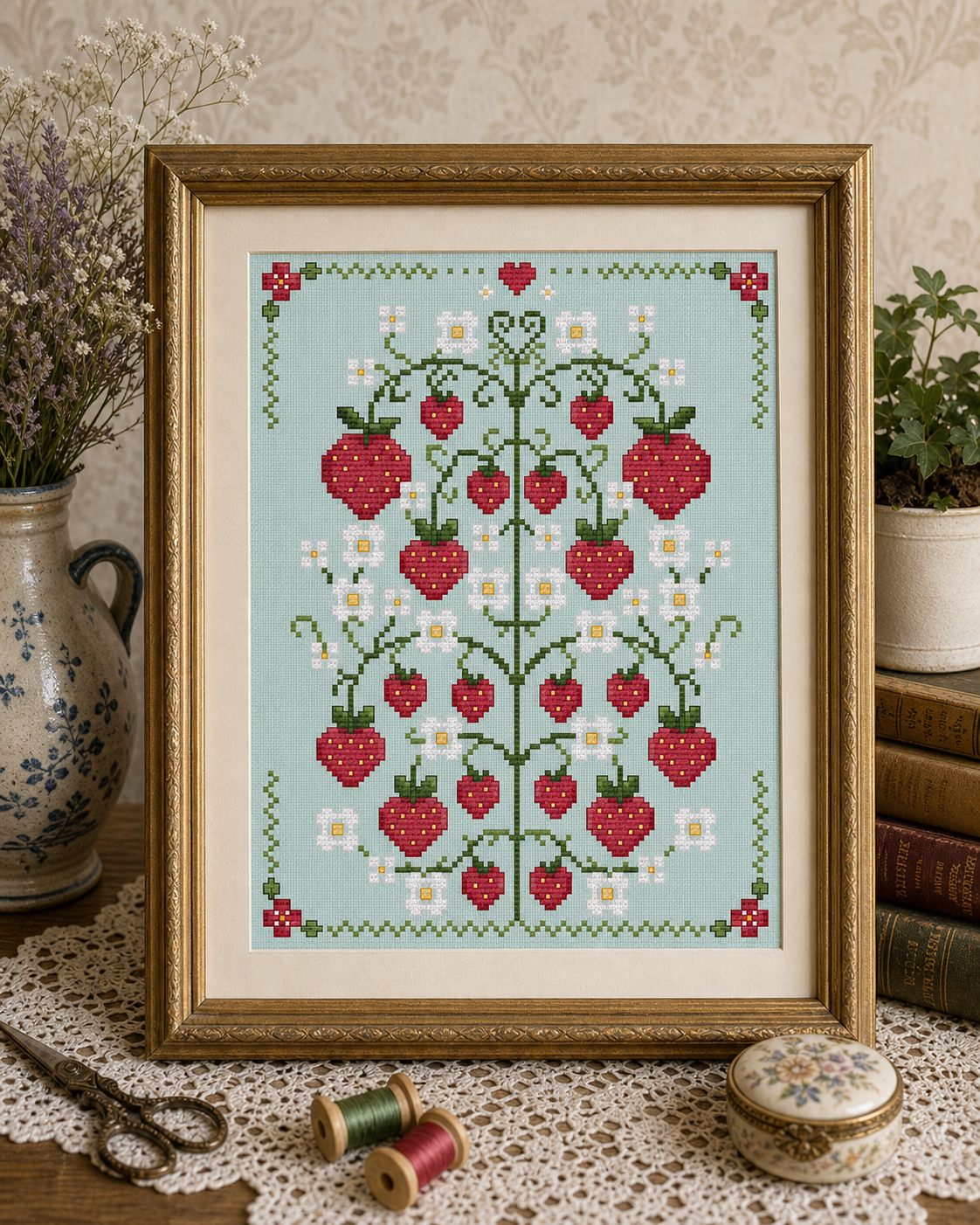 Strawberries on Vine Cross Stitch Pattern