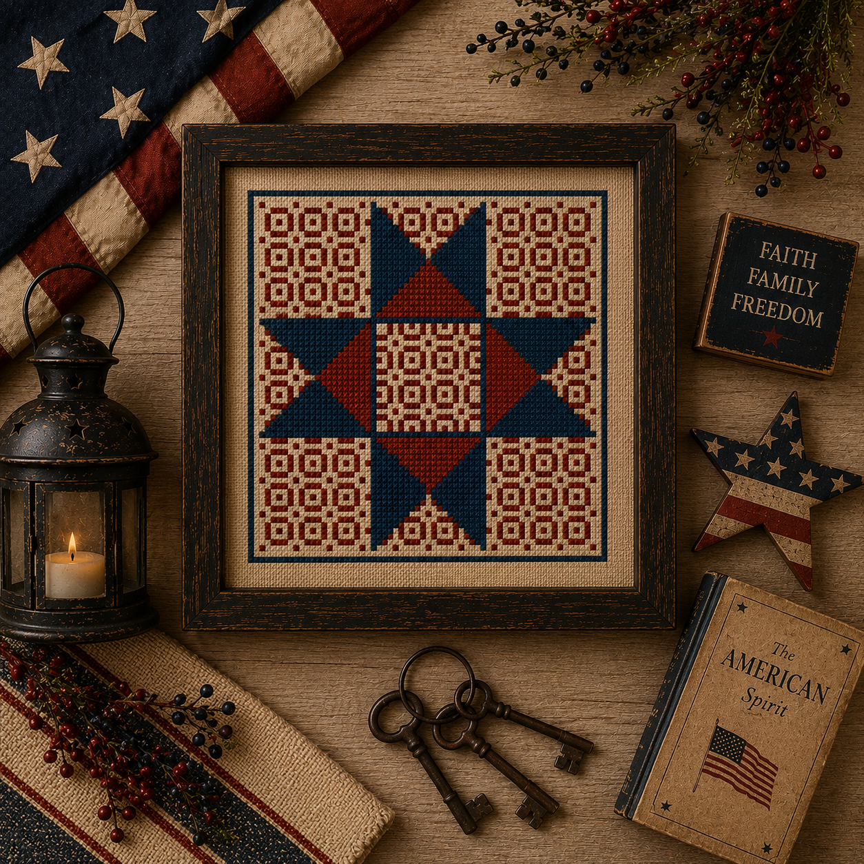 Vintage Ohio Star Patriotic Cross Stitch Pattern